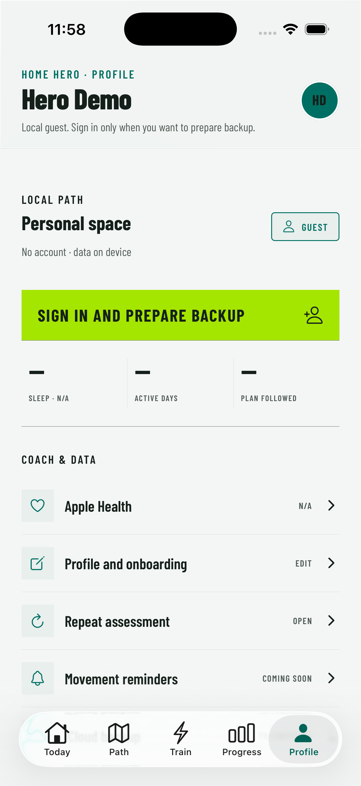 Home Hero Profile screen with local settings, privacy and permissions.