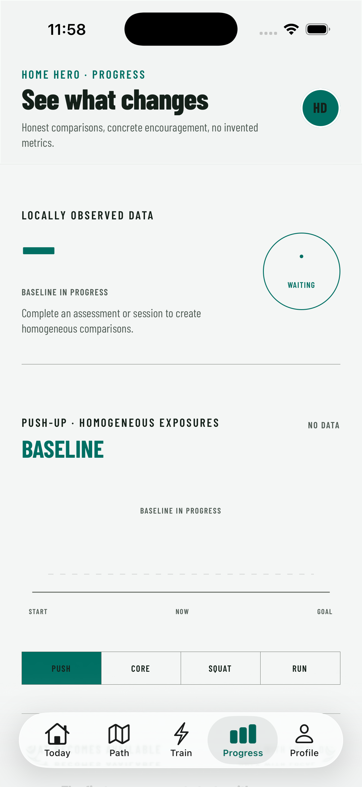 Home Hero Progress screen with local baseline and session comparison.